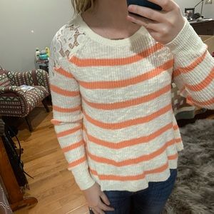 Striped coral sweater with flower lace shoulders